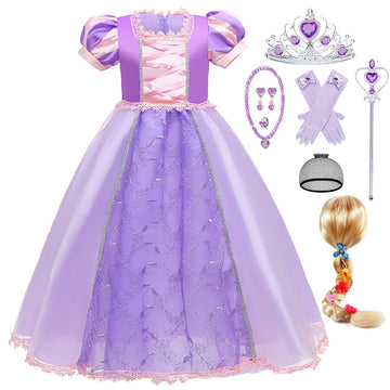 Luzlen Purple Princess Costume For Girls Toddler Rapunzel Dress With Wig Halloween Birthday Party Outfit For Kids, 5-6 Years(Label 130)