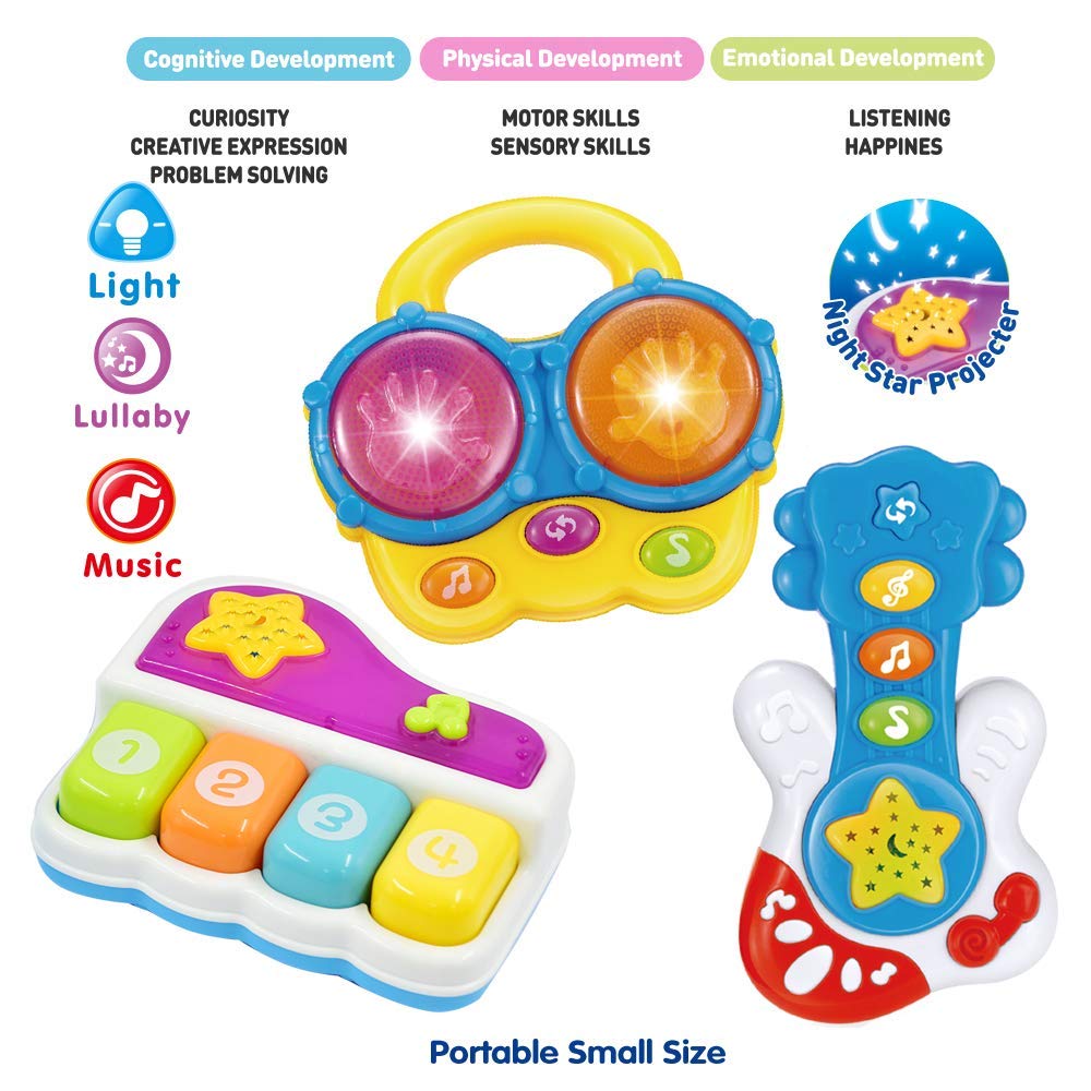 Portable Set Of 3 (Piano, Bongo Drums, Guitar) Educational Toy For Music Learning And Entertainment For Ages 6 Months To 4 Years