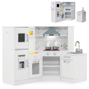 Costzon Corner Kids Kitchen Playset, 2-Piece Wooden Toy Kitchen Set and Washing Basin with Microwave, Ice Maker, Range Hood, Sto