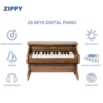 ZIPPY 25 Keys Kids Piano Keyboard - Walnut Digital Piano Toy for Toddlers, Mini Educational Music Instrument for Boys & Girls