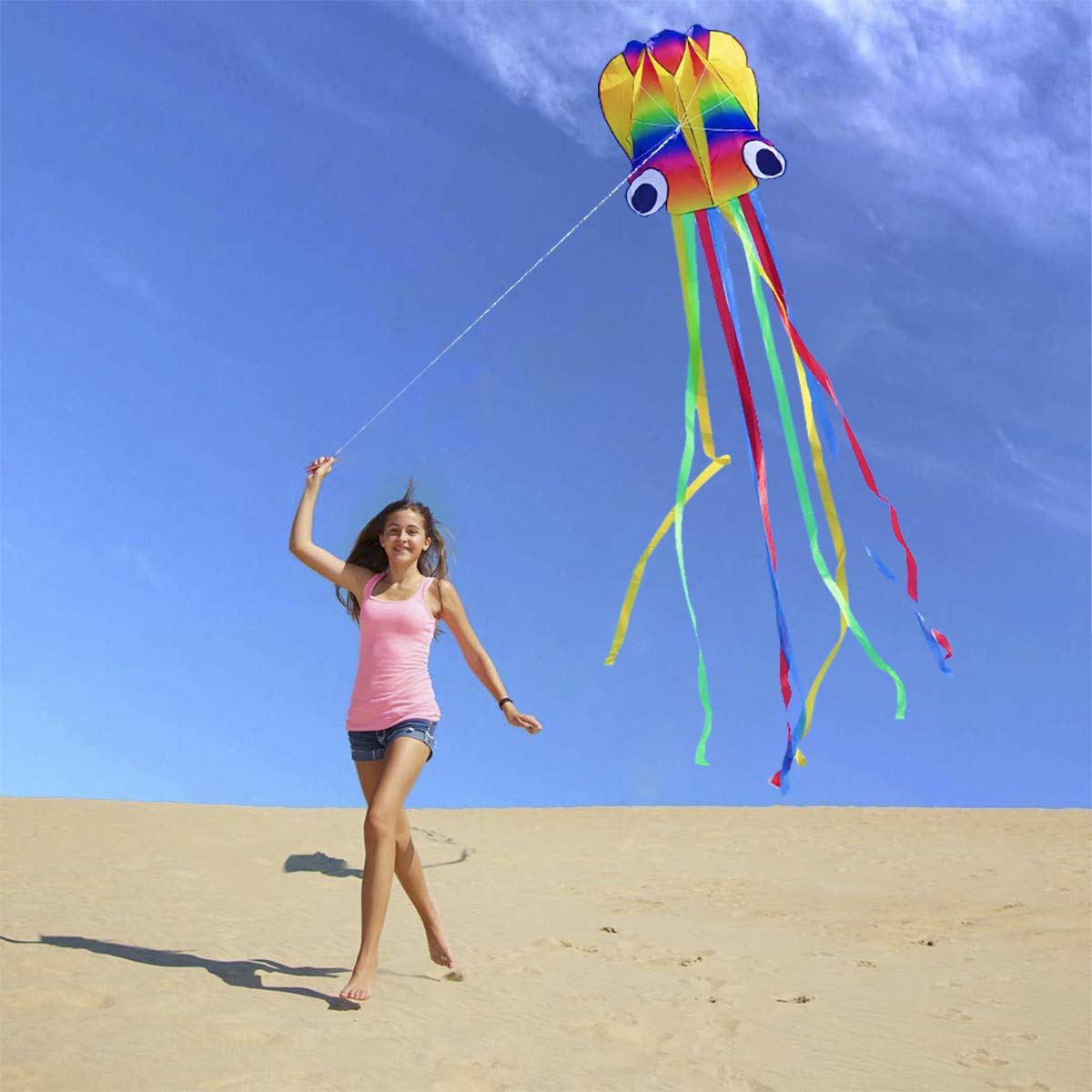 14Ft R2F Rainbow Soft Octopus Kite For Kids And Audlts-Large Kite With 11.5Ft Long Tail And 200Ft Flying Line-Easy To Fly Toy For Outdoor Games Beach And Activities