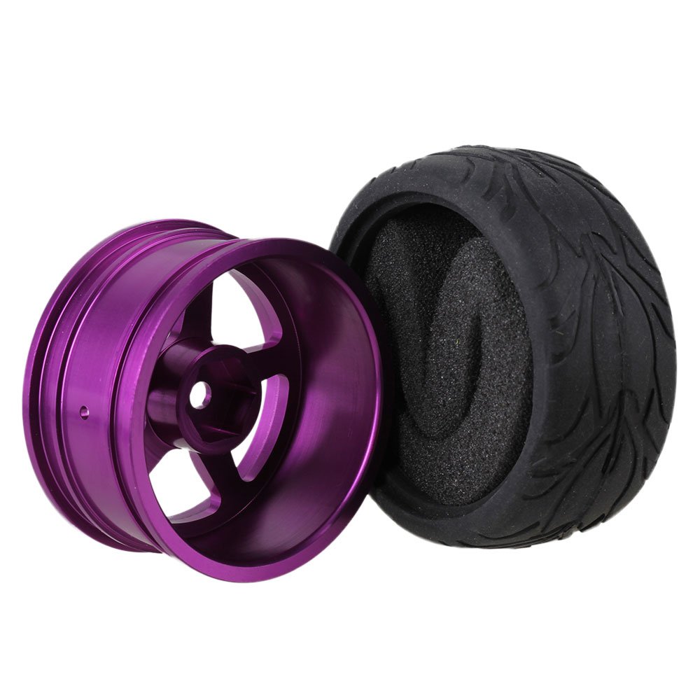 Mxfans Black Scale Pattern Rubber Tyre and Purple Alloy Wheel Rims with 5 Spoke for RC 1:10 On-Road Racing Car Pack of 4