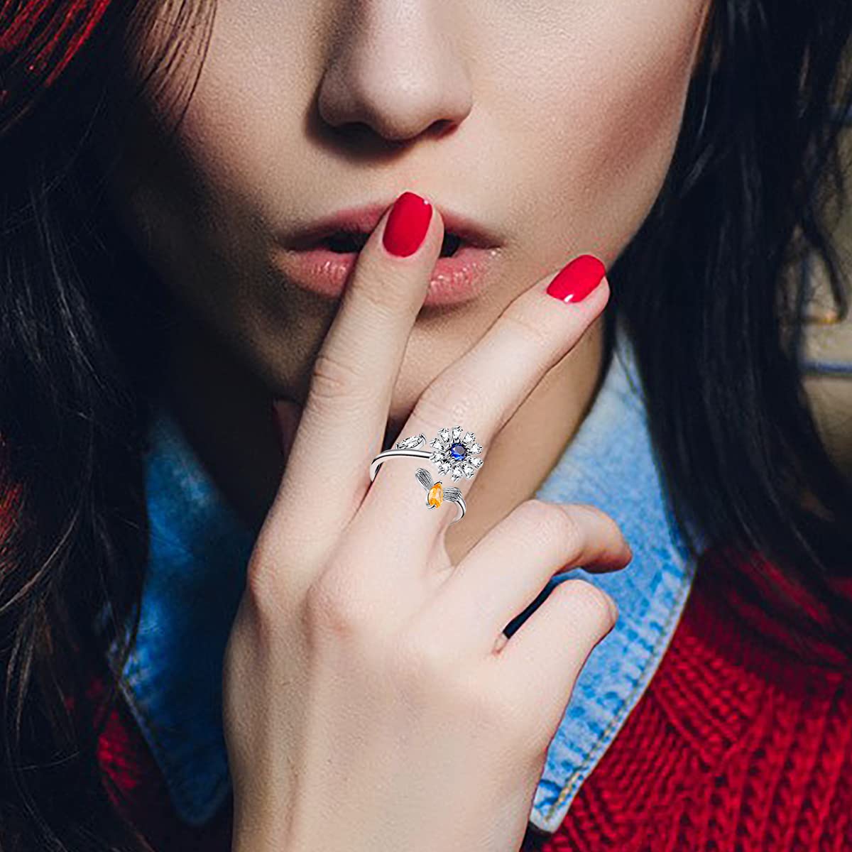 Honsny 6Pcs 14K Gold Plated Anxiety Rings For Women, Adjustable Spinner Anxiety Ring, Cz Butterfly Bee Moon Star Fidget Rings Fo