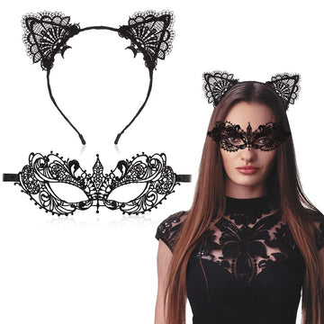 Patpat Set Of 2 Masquerade Masks Lace Eye Mask Cat Ears Headband For Women, Masquerade Mask For Women, Halloween Mask Party Mask