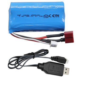 KBT RC Car Lithium Battery: 7.4V 1500mAh Rechargeable Li-ion Battery, 15C High Drain Discharge Batteries with TX Plug & Charging