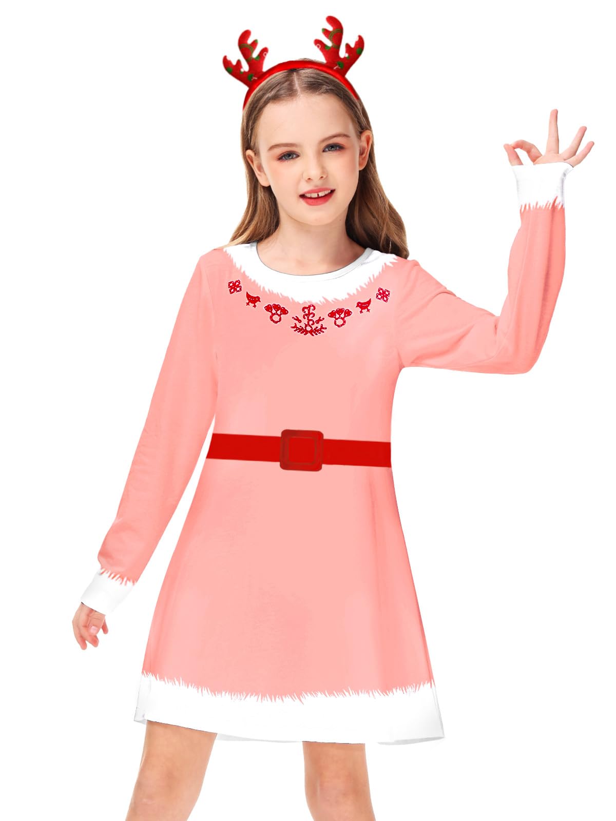 Christmas Pink Dress For Girl Long Sleeve Funny Printed Xmas Tshirt Dress Jovi Elf Swing Dresses 5-6 Years