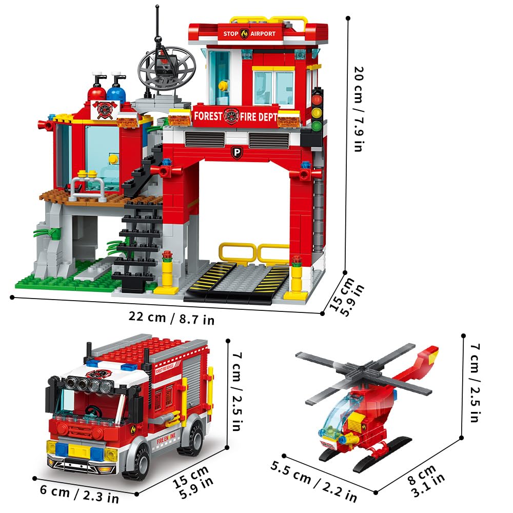 MindBox City Fire Rescue Building Set - 737pcs Fire Station, Truck & Helicopter Toy for Boys 6+, Red Color