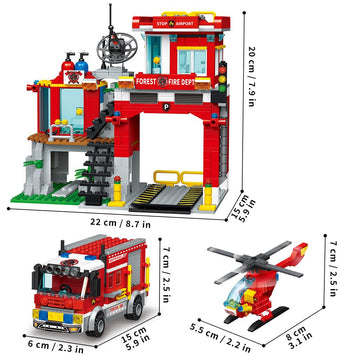 City Fire Rescue Building Set With Fire Station, Truck & Helicopter,737Pcs Toy Gift For Boys 6+ (Compatible With Lego)