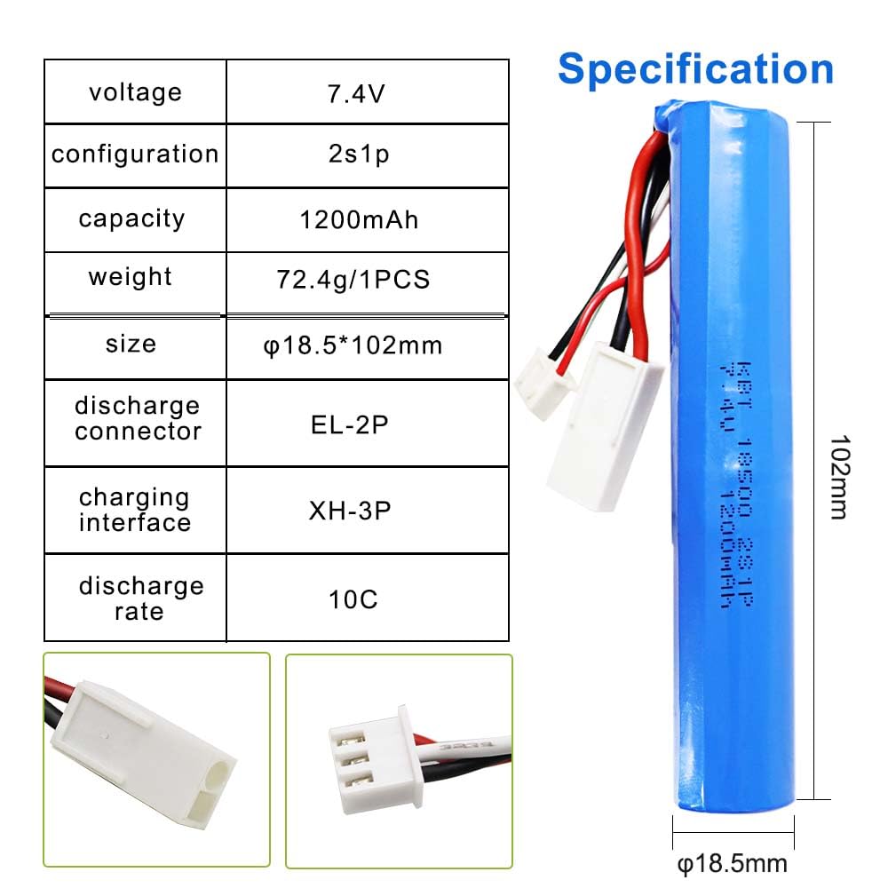 Kbt 7.4V 1200Mah Li-Ion Rechargeable Battery Pack With El-2P Discharge & Xh-3P Charging Connector, Lithium-Ion Toy Batteries Wit