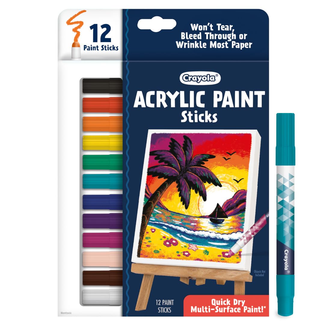 Crayola Acrylic Paint Doodle Sticks (12ct), Acrylic Paint Marker Set for Kids, Quick Dry, Multi-Surface, Less Mess, Kids Craft S