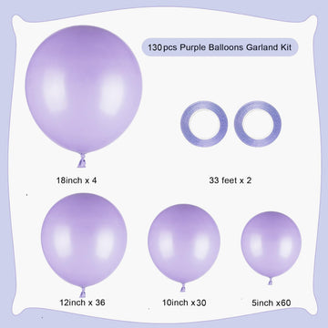 Owpfjg 130Pcs Pastel Purple Balloons Different Sizes 18 12 10 5 Inch For Balloon Garland Arch,Light Purple Latex Balloons For Bi