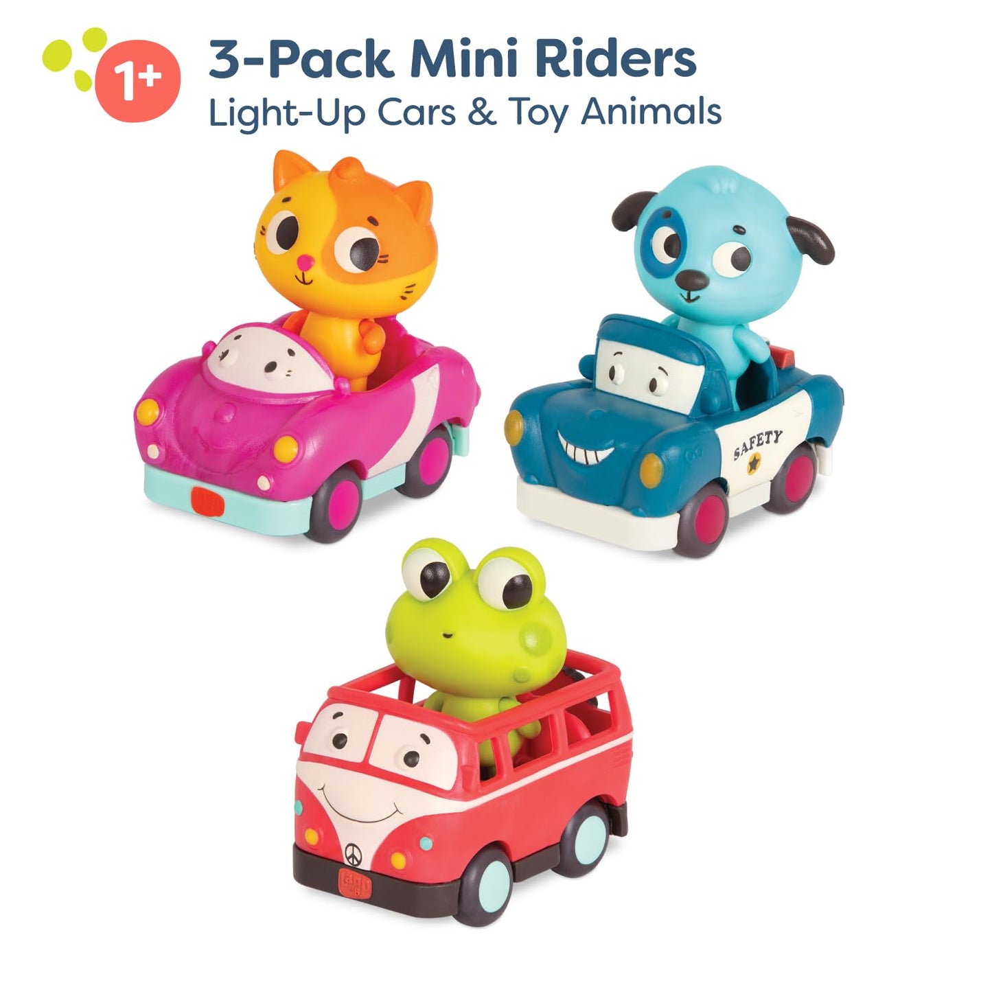 B. toys Mini Riders Cars & Animal Characters - Smart Car, Police Car, Van - Lights & Sounds - Multicolor - 12 Months+ - Model BX2314Z