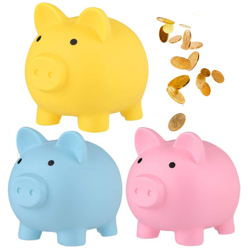 GADIEDIE 3 Pieces 6 x 4.8 x 5.4 inch Cute Plastic Pig Money Bank Pig Money Saving Box  Unbreakable Piggy Bank for Boys Girls Birthday Easter Practical Gifts (Blue/Yellow/Pink)