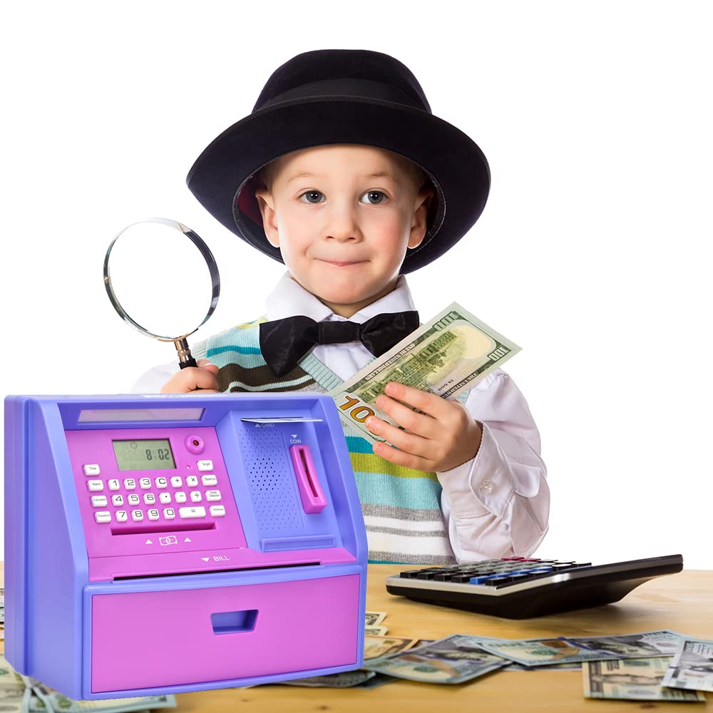 Atmbnk Interactive Atm Piggy Bank For Kids, Safe Money Saving Toy With Password Protection, Coin Recognition, Bill Insertion, For Boys And Girls Aged 5-12 (Purple)