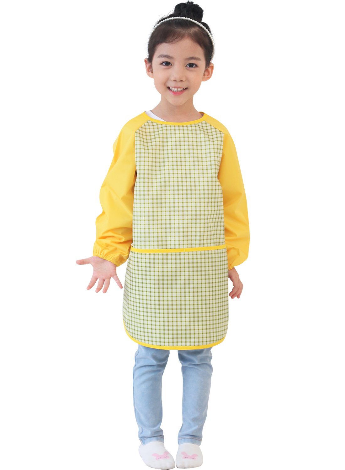 Plie Waterproof Kids Art Smocks 37 Colors (Age 1-10, S-XXL size), Green Check (17-S)