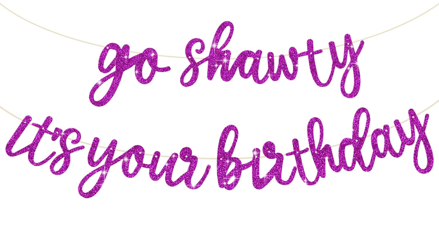 Beishida Purple Go Shawty It'S Your Birthday Banner - No Diy - Hip Hop Theme Glitter Happy Birthday Banner - Pre-Strung - Purple