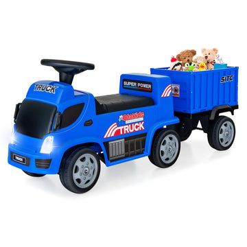 Olakids Kids Ride On Push Car, 2 In 1 Foot-To-Floor Sliding Truck With Detachable Trailer, Steering Wheel, Headlights, Music, Alarm Sound, Toy Walker Gift For Toddlers Age 1.5-3 Boys Girls (Blue)