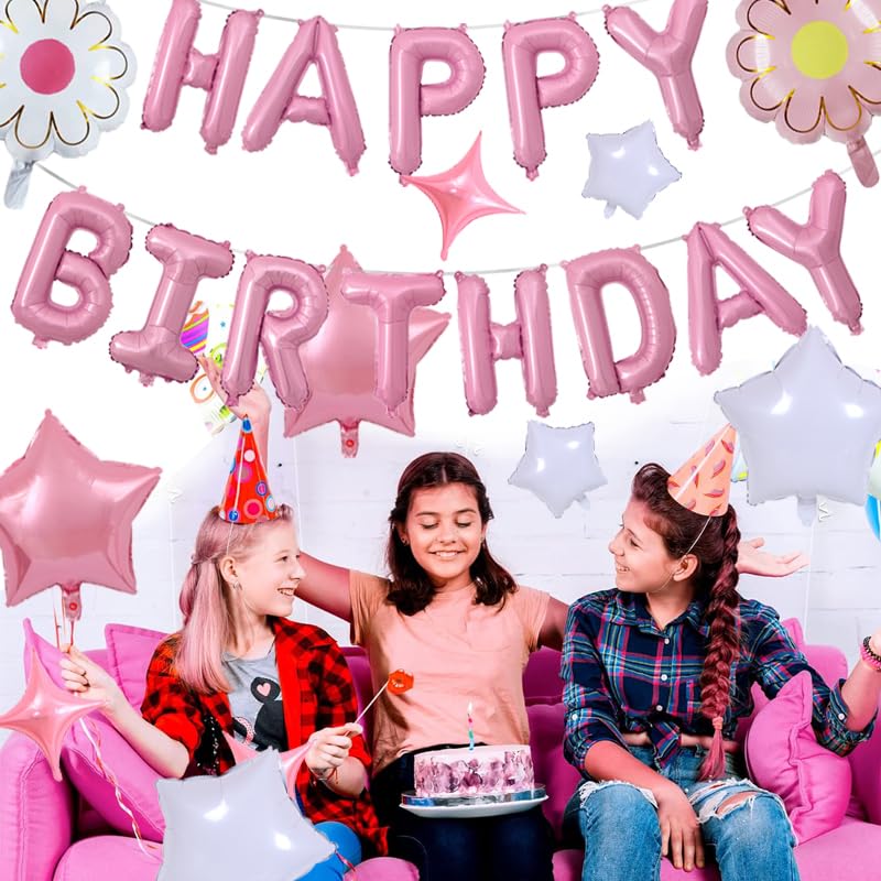 Happy Birthday Banner Script Pink Letter Sign With 12 Pcs Pink White Star Foil Mylar Balloon For Birthday Party Decoration
