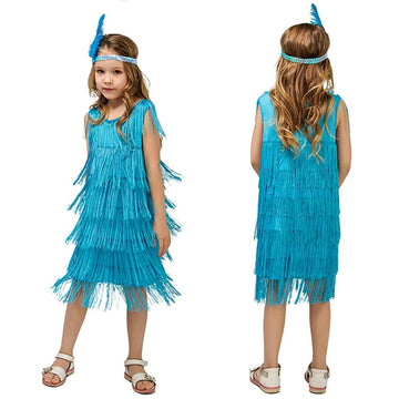 Girl'S 1920S Flapper Dress Fringe Tassel 20S Halloween Party Concert Music Festival Outfits Dancewear Headband Set Sky Blue