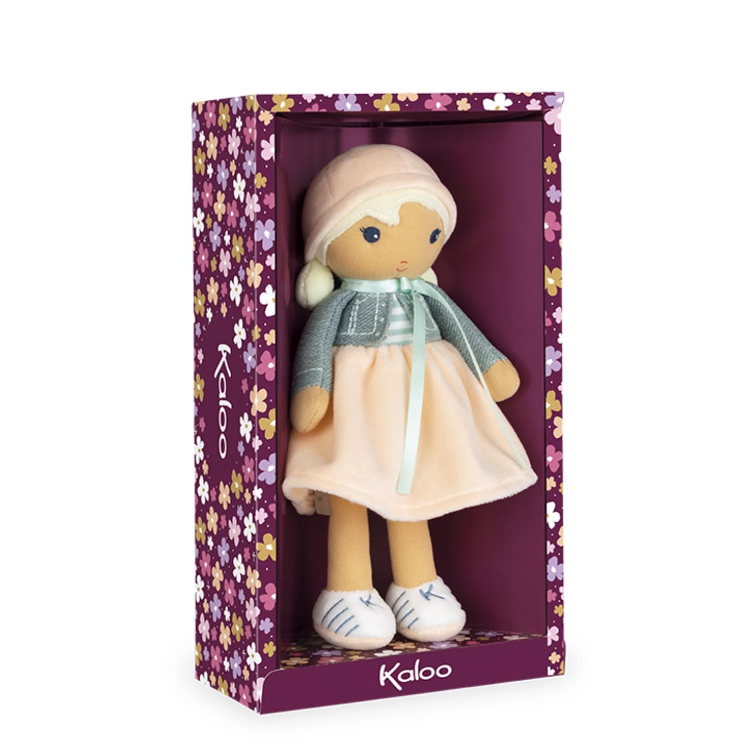 Kaloo Tendresse My First Fabric Doll Chloe K 9.75” Medium Soft Plush Figure In Peach And Striped Dress, Denim Jacket And Blonde Hair With Embroidered Face Machine Washable For Ages 0+, K963659