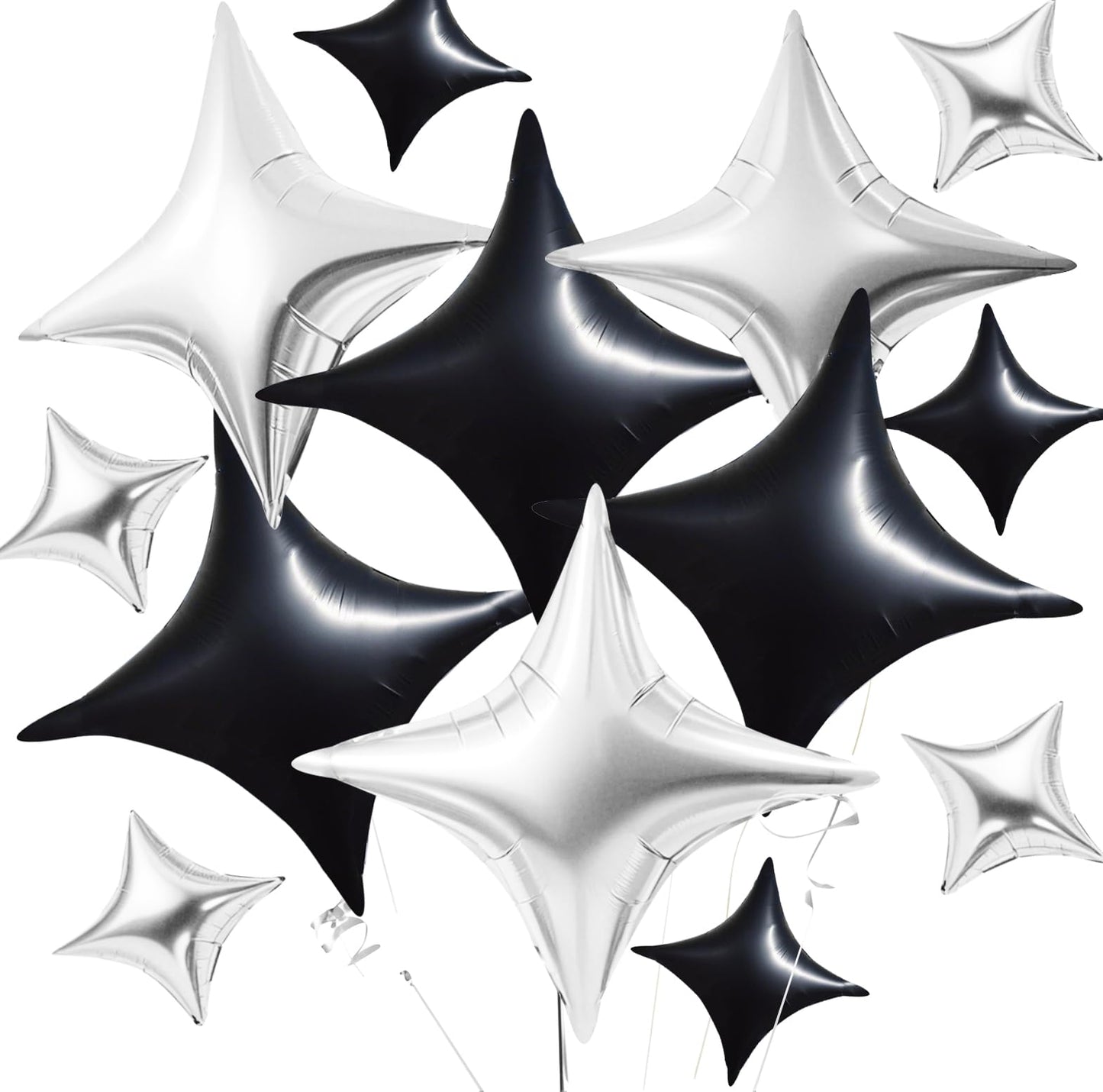 TONIFUL 30Pcs 26In&10In Star Balloons Black and Silver Four Pointed Foil Mini Star Mylar Balloons for Birthday Wedding Baby Show