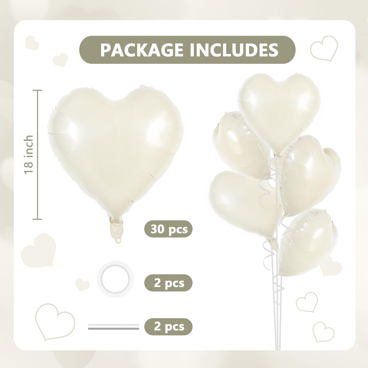TONIFUL 30Pcs 18 Inch Cream White Heart Balloons Cream White Heart Shape Foil Mylar Balloons Decoration for Birthday Valentines