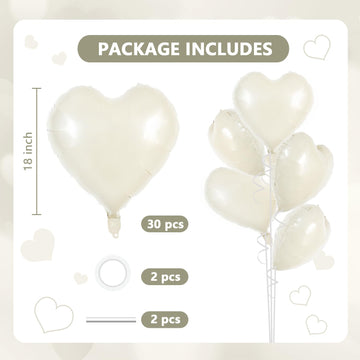 TONIFUL 30Pcs 18 Inch Cream White Heart Balloons Cream White Heart Shape Foil Mylar Balloons Decoration for Birthday Valentines
