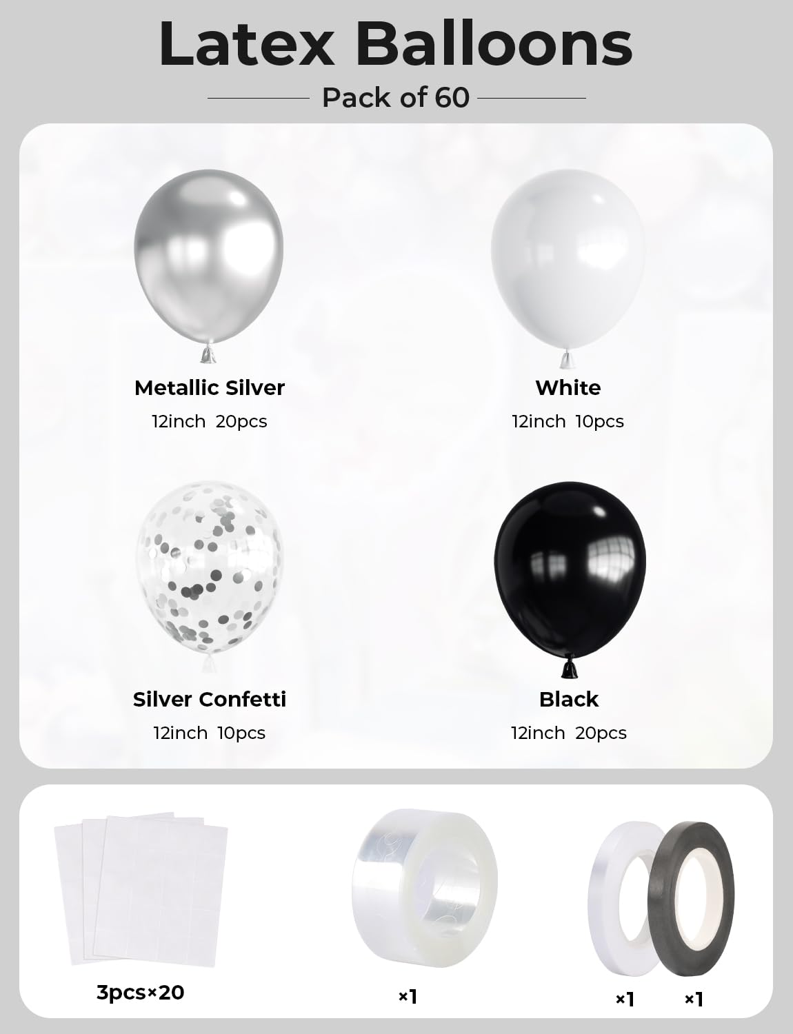 Haolongfa Black And Silver Balloons,12 Inch 60Pcs Black White Silver Confetti Balloons,Metallic Silver Latex Balloons For Gradua
