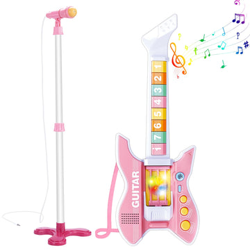 Deao Kids Guitar And Microphone Set With Stand Adjustable Height Music Light Karaoke Music Toys Christmas Birthday Gift For Kids Boys Girls (Pink)