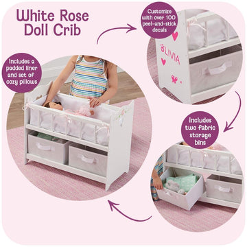 Badger Basket Wooden Doll Bed With Bed Liner, Pillows And Two Storage Baskets - Fits 18-Inch Dolls, White/Rose