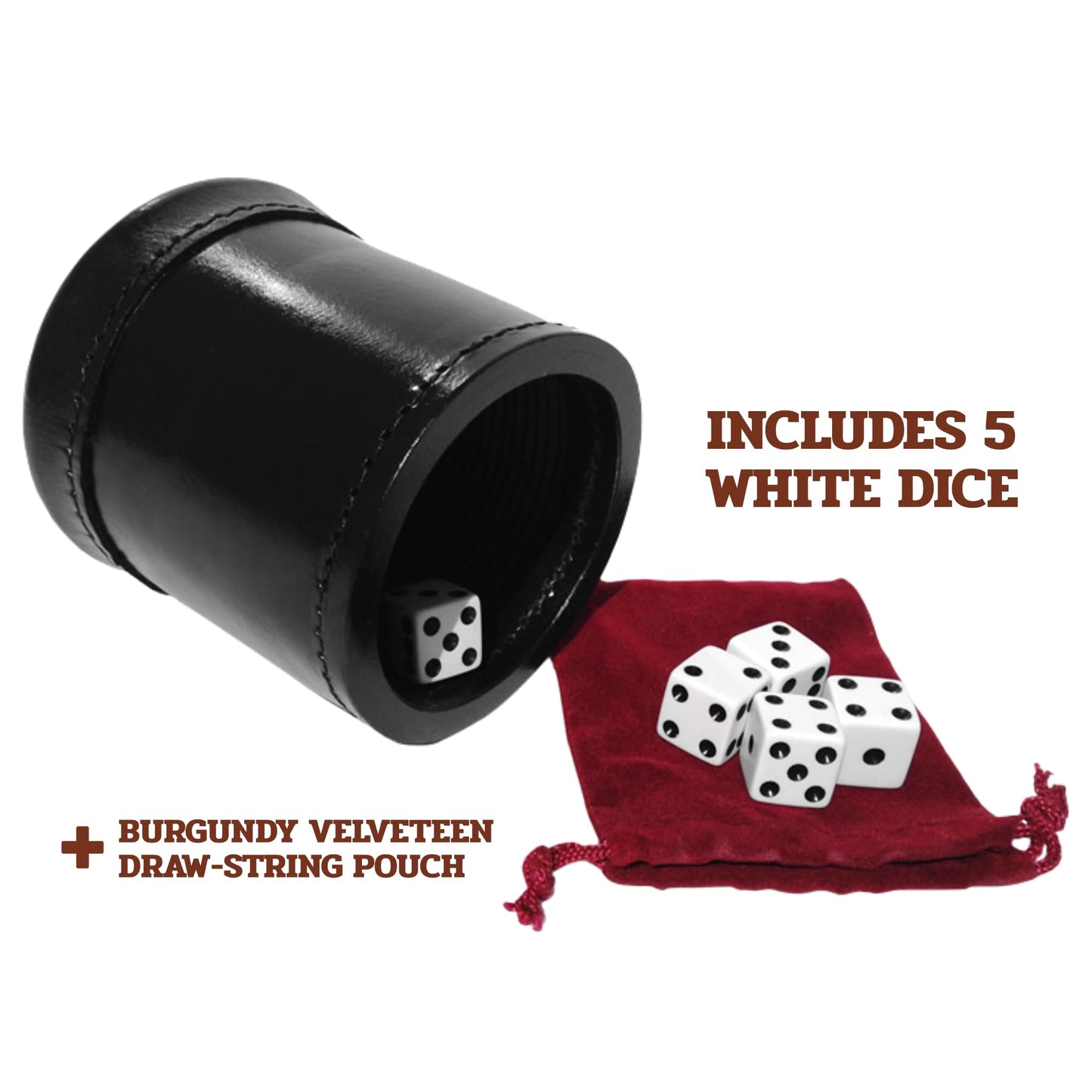 Alex Cramer Golden Gate Dice Shaker Cup Set - 5 White Dice, Drawstring Pouch & Book of Dice Games (Liars Dice) Included - Leathe
