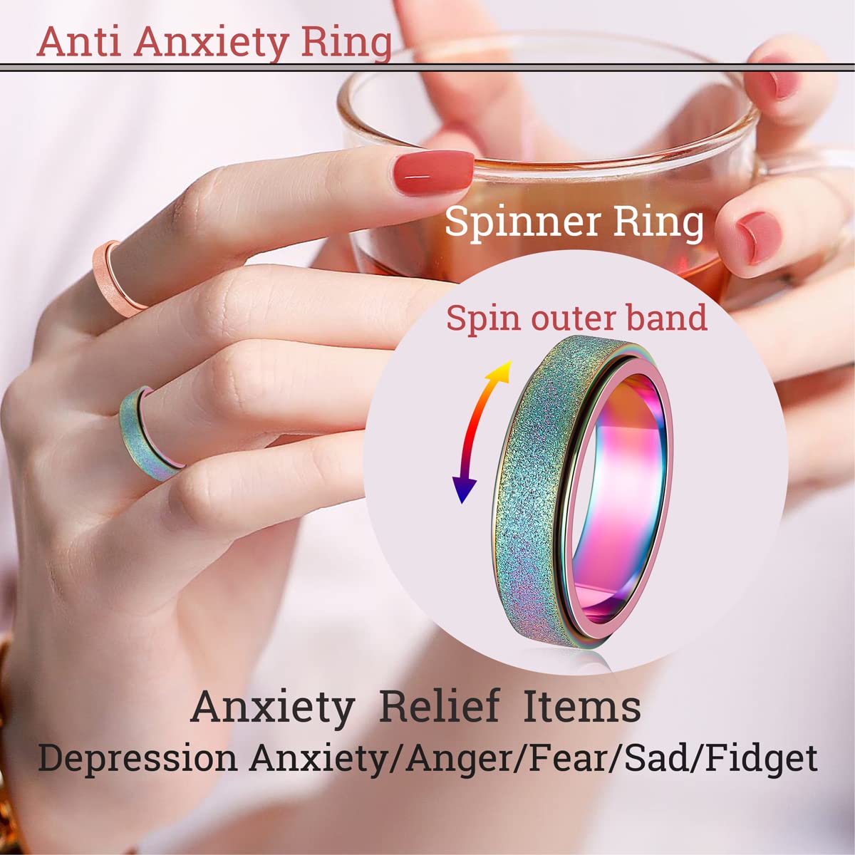 Mhwtty Anxiety Fidget Spinner Ring - Adults Rainbow Stainless Steel