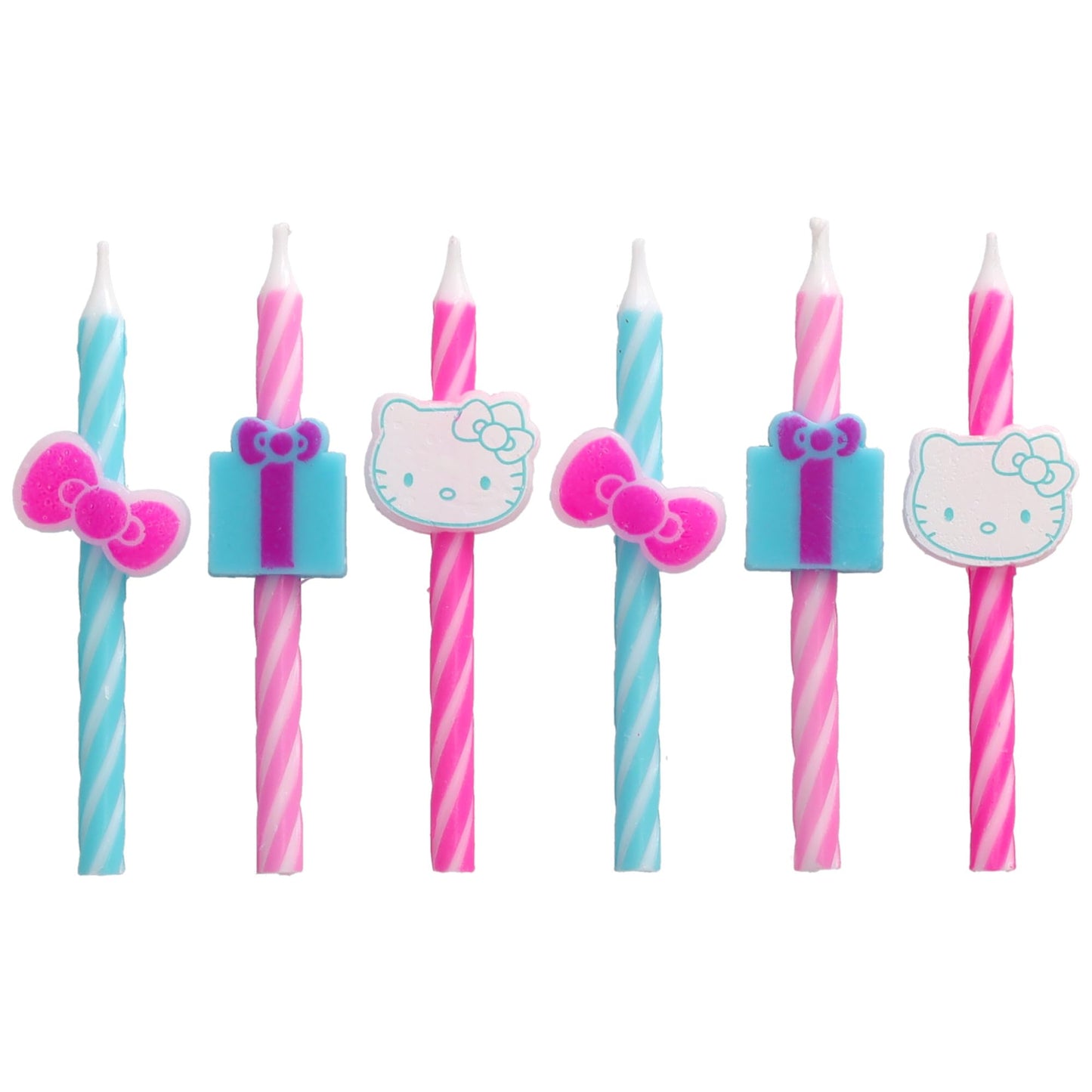 Hello Kitty Birthday Cake Candles | 6 Birthday Candles for Cake Decorations, Pink & Blue Striped Candles, Cupcake Toppers for He