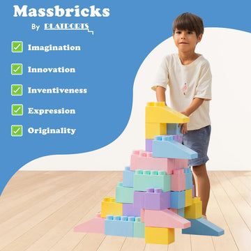 Massbricks Jumbo Plastic Building Blocks - Giant Toddler Bricks Kids, Boys, Girls Age 1-8 Play Large Educational, Construction, Stacking Toys Bpa Free (48 Pcs Pastel + Wheels)