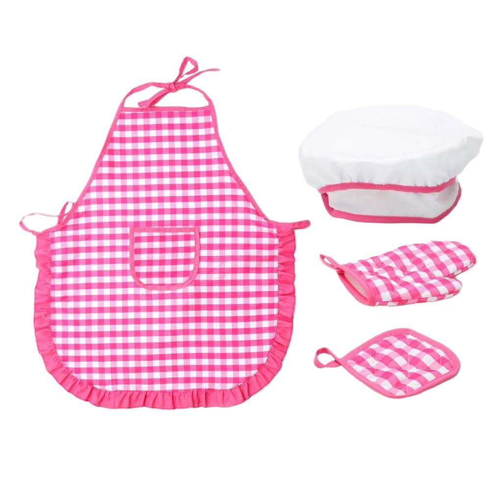 CALANDIS 4Pieces Kid Chef Role Pretend Play Toy Cap Apron Pot Pad Set Cake Pattern