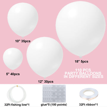 Bonropin White Balloon Garland Arch Kit - 110Pcs Matte Latex Balloons in 5/10/12/18 Inch Sizes - Perfect for Baby Showers, Birthdays, Weddings