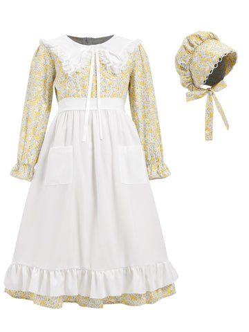 Fortmac Prairie Dress Girls Pioneer Colonial Costume Floral 1800S Pilgrim Costume With Apron And Bonnet Yellow 9-10Y