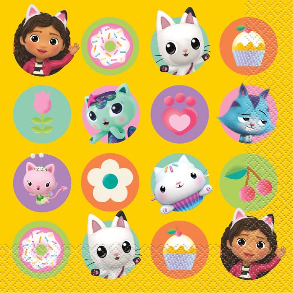 Unique Gabbys Dollhouse Birthday Party Supplies Bundle Pack includes 16 Dessert Cake Plates, 16 Lunch Plates, 16 Napkins, 1 Tabl