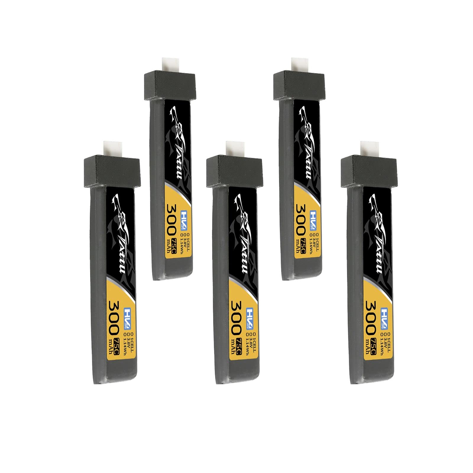 Tattu 300Mah 3.8V High Voltage 75C 1S1P Lipo Battery Pack With Bt 2.0 Plug (5Pcs)