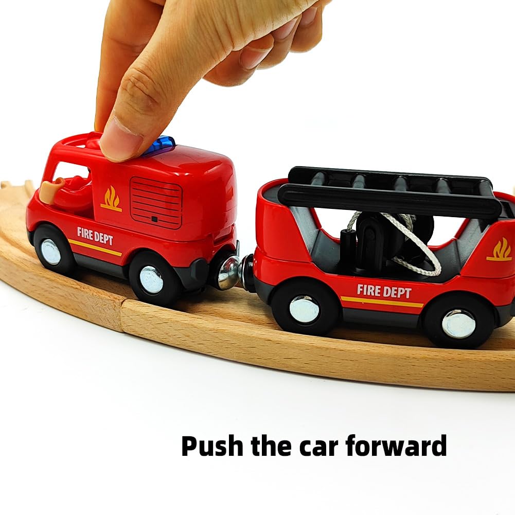 Magnetic Trains Cars Set Wooden Train Track Accessories Fire Truck Train Set For Toddlers 3-5 Wooden Train Sets For Boys Ages 3-4-7 (Fire Truck B (With Light And Sound))