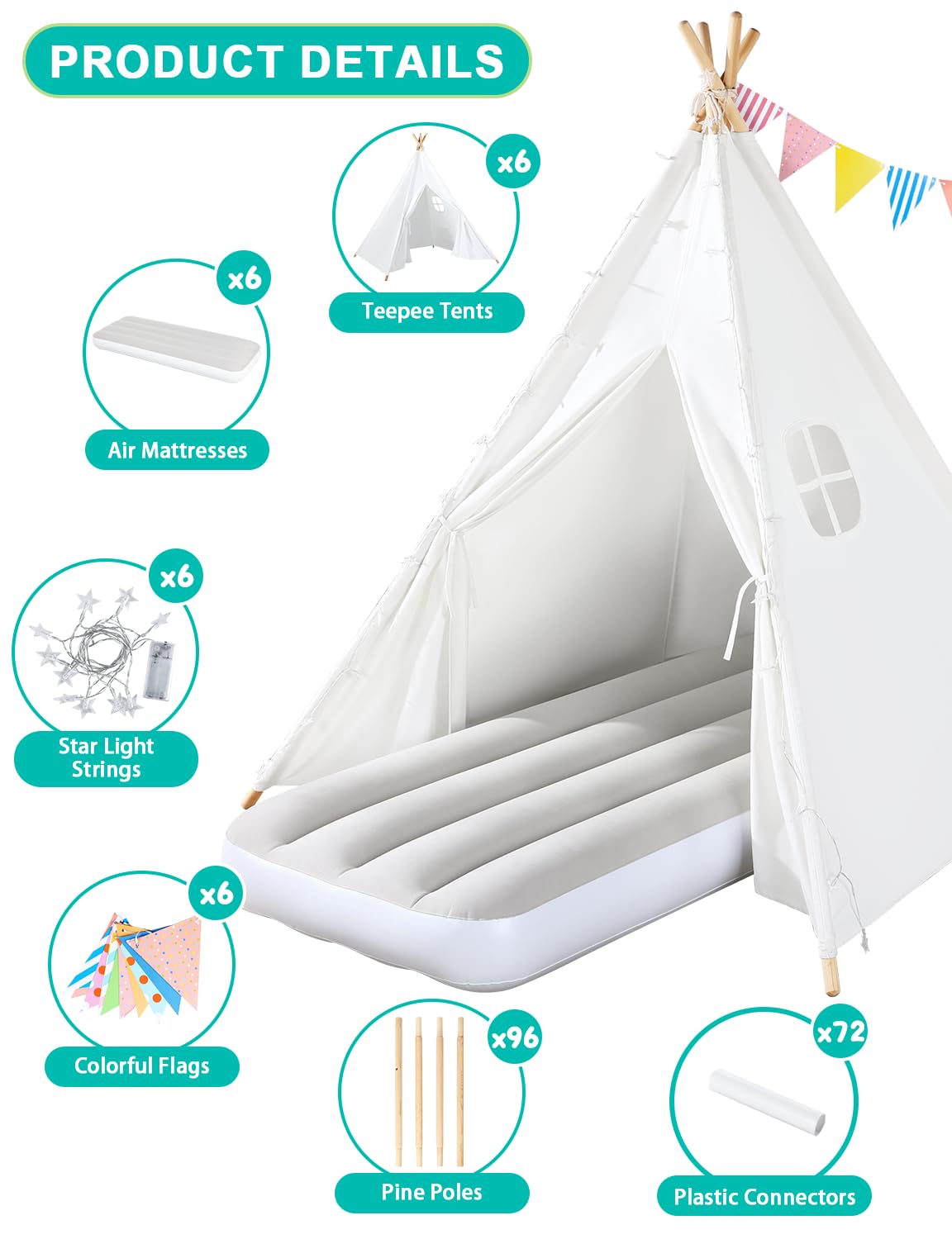 Teepee Tent For Kids Slumber Party 6 Pack - Inflatable Airbed & Star Lights & Colored Flag - Indoor Outdoor Toddler Play Tent Fo
