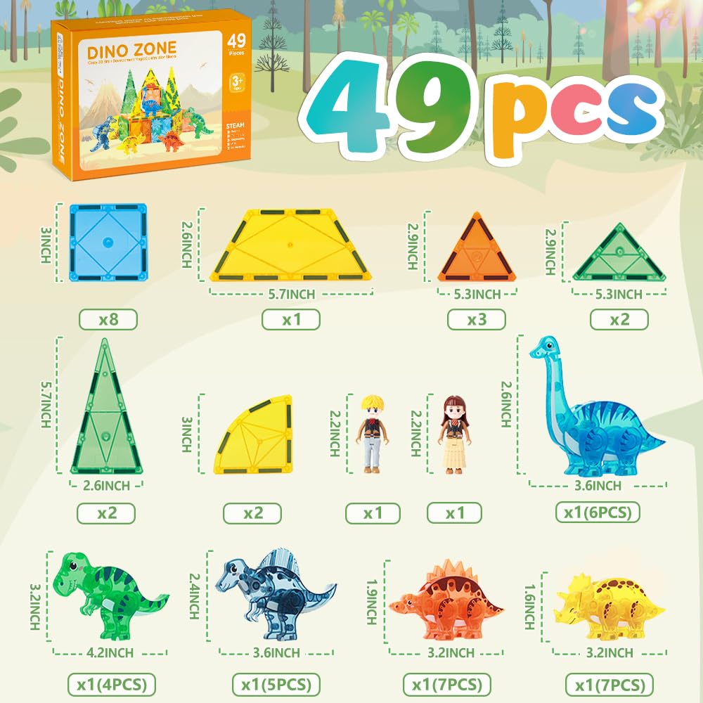 Benoker Dinosaur Magnetic Tiles,Animals Magnet Building Blocks Toys Dino World,3D Stem Educational Magnet Tiles For Boys Girls K