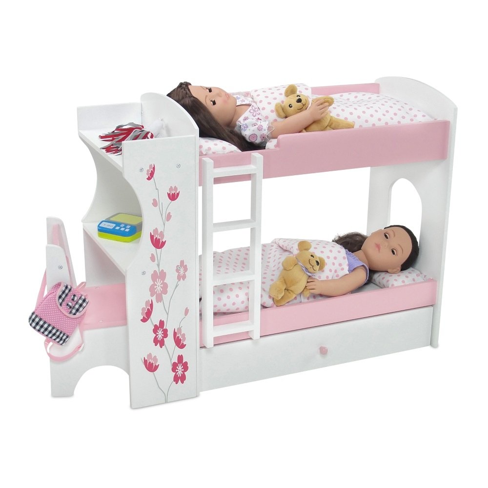 Emily Rose 18' Doll Bedroom Bunk Bed, Beds For 18 Inch Dolls, Baby Dolls Bunkbed With Large Clothes Storage Drawer, Desk, Chair, Bedding & Ladder, Furniture Organizer, Fits Most 14-19' Dolls