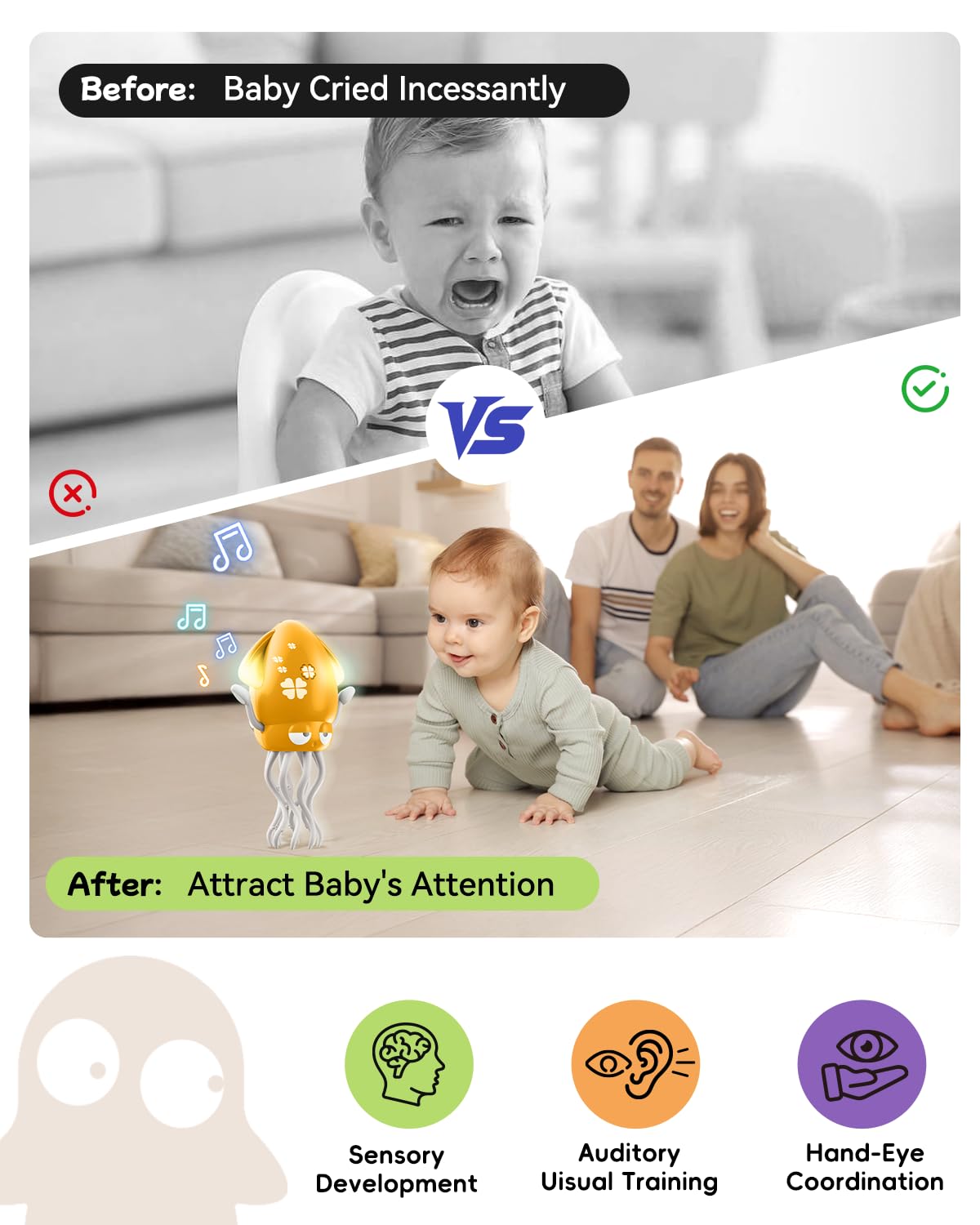 topfresh Electric Crawling Dancing Octopus Toy - LED Lights & Music, USB-C Rechargeable Tummy Time Toy for 36 Months-6 Years Tod