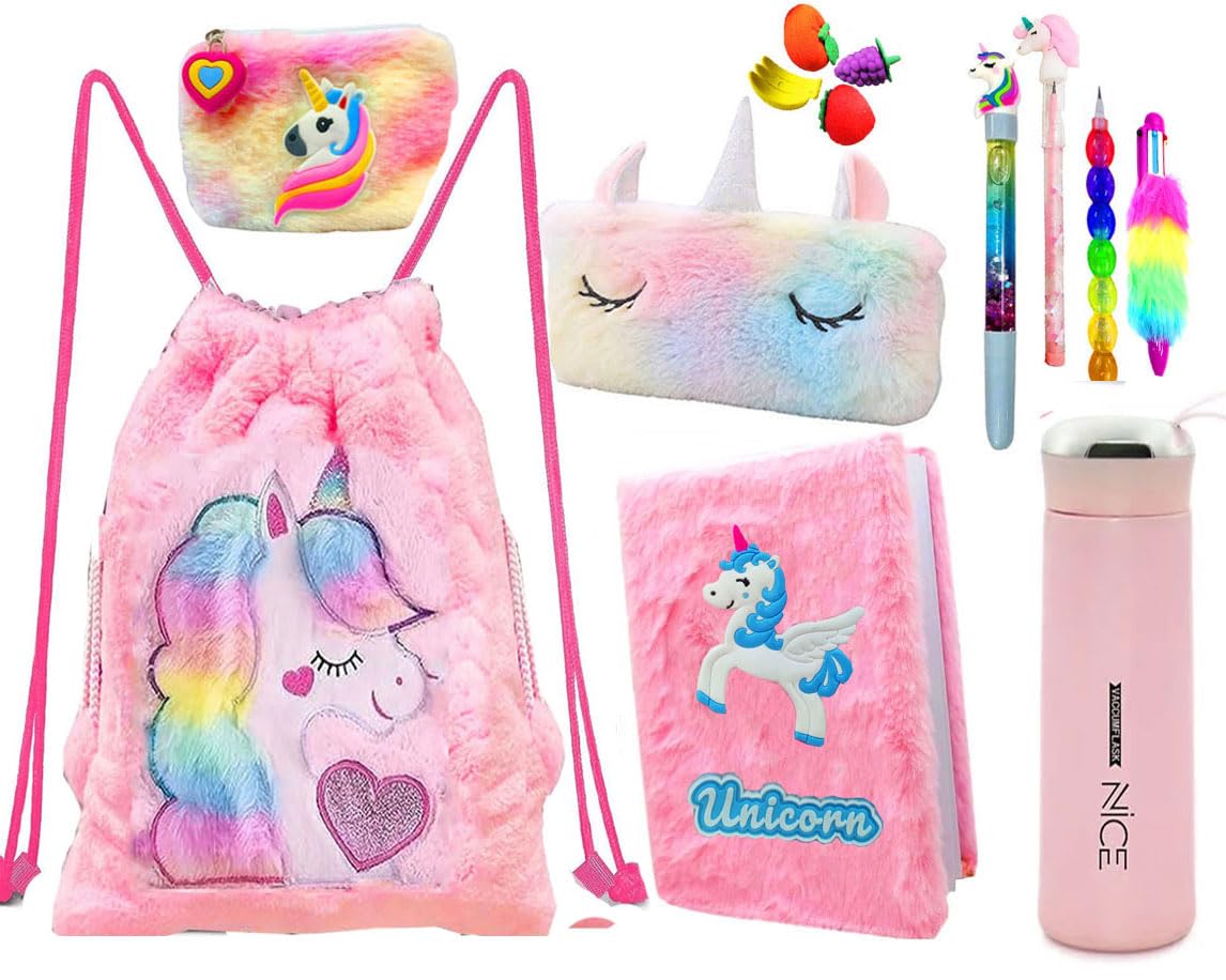 Neel Cotton 13 Pcs Unicorn Stationery Gift For Kids,Unicorn Water Bottle,Bag,Pouch,Pencil,Pen,Eraser All In One Kit Set School S