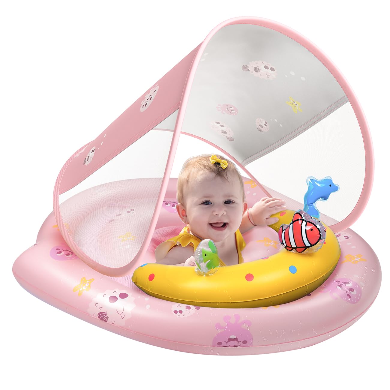 Baby Pool Float - Inflatable Infant Pool Float With Canopy Upf50+ Sun Protection - Baby Swimming Float Toy Play Console For 6-36