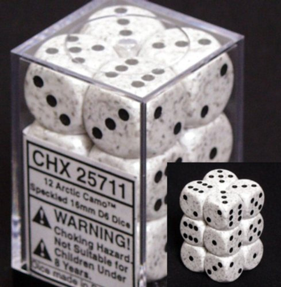 Chessex Dice d6 Sets: Arctic Camo Speckled - 16mm Six Sided Die (12) Block of Dice