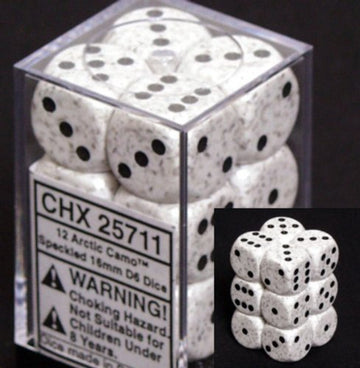 Chessex Dice d6 Sets: Arctic Camo Speckled - 16mm Six Sided Die (12) Block of Dice