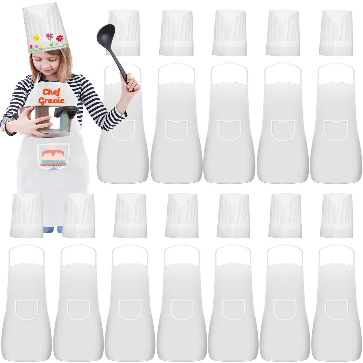 Ecoofor 24 Pieces Kids Aprons and chef hat Set, Kids Aprons with Pocket Children Chef Apron and Hats for Boys Girl's Kitchen Coo