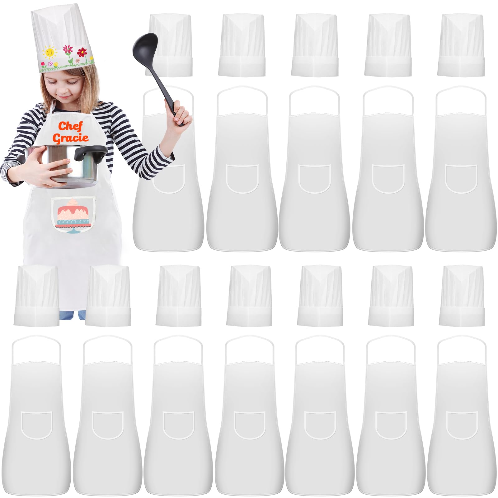 Ecoofor 24 Pieces Kids Aprons and chef hat Set, Kids Aprons with Pocket Children Chef Apron and Hats for Boys Girl's Kitchen Coo